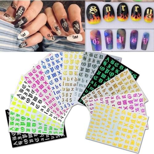 1 Sheet Nail Art Stickers Transfers Old English& Numbers Font Letter Goth Gothic Text Alphabet Letters Back Glue Nail Stickers H