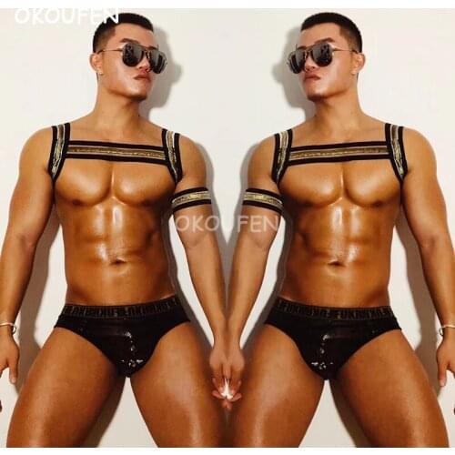 Nightclub bar dj male ds black gold hollow elastic bandage chest strap stage party show performance costume