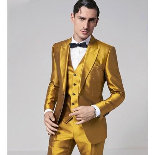 New Arrival Golden Yellow Satin Men Suits Slim Fit Prom Party Stage Performance Costumes Ternos Ceremony Suits Men 3 Pieces