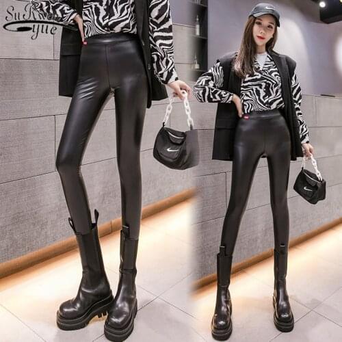 New Style Autumn and Winter Pu Leather Leggings Black PU Leather Pants Solid Color Plus Velvet High Waist Pencil Pants 11688