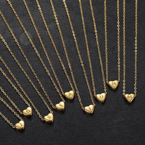 Gold Color Tiny Heart Initial Letter Pendant Necklace for Women Children Stainless Steel Alphabet Jewelry Gift 14-17 inch DKN657