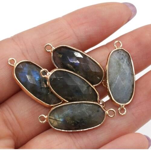 Natural Stone Pendant Double Hole Flash Labradorite Connectors for Fashion Jewelry Making Women Necklace Bracelet 11x27mm
