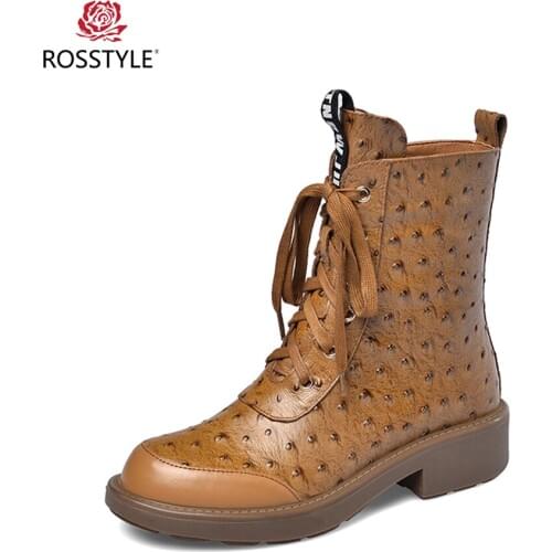 ROSSTYLE Fashion Woman Riding Ankle Boot Luxury Genuine Leather Retro Round Toe Square Heel Shoes Solid Classic Zipper Soft Boot
