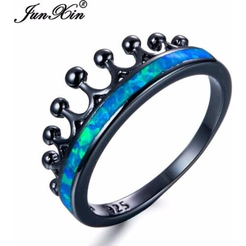Unique Valentine Lover Crown Ring Blue White Fire Opal Rings For Women Men Black Gold Vintage Wedding Engagement Ring Jewelry