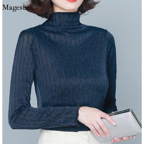Vintage Bright Silk 2021 Autumn New Fashion Blouse Women Turtleneck Mesh Striped T-shirt Elegant Long Sleeve Tops Blusas 16717