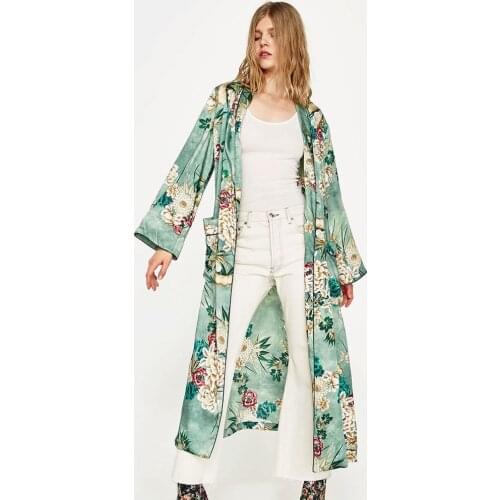Vintage Women Retro Floral Print Long Kimono Coat Jacket Long Sleeve Kimono Cardigan Maxi Shawl Tops With Belt Female Robe Green