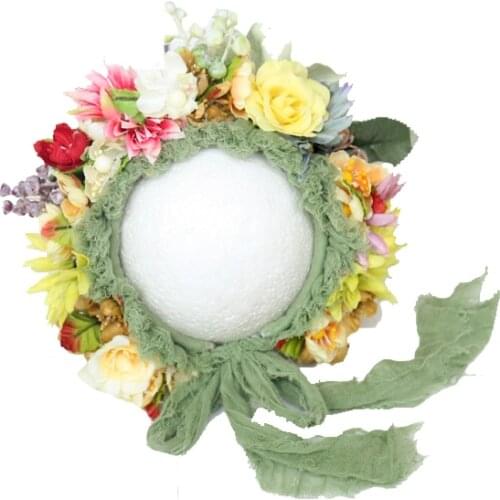 Vintage Flower Garden Bonnet for Photography Shoot Newborn Girl Hat Handmade Knit Floral Bonnet Photo Props