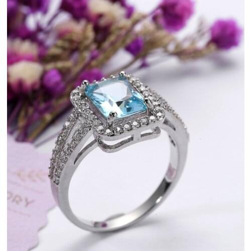 High Quality Silver Color Stackable Square Blue Mosaic CZ Zircon Finger Rings for Women Wedding Jewelry Gift bijoux femme