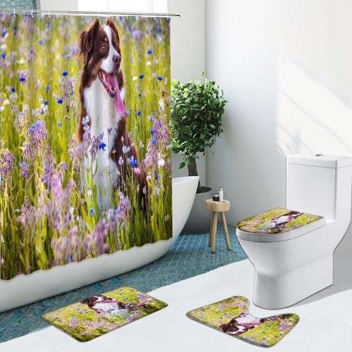 4Pcs Funny Animal Dog Floral Shower Curtain Pet Cat Flower Green Plant Bathroom Set Non-Slip Rugs Toilet Cover Carpet Bath Mat