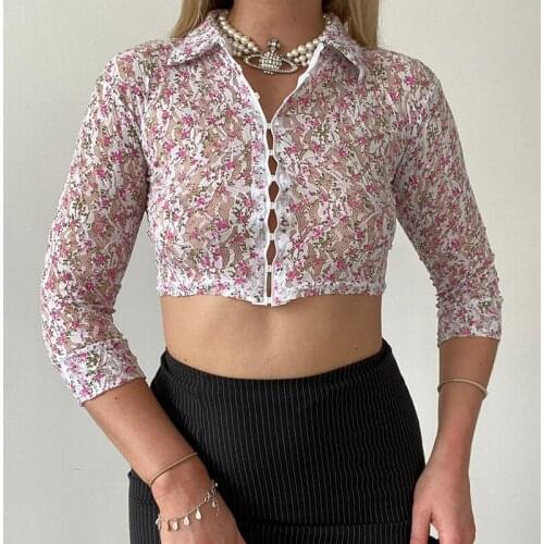 Floral Lace T-shirt Hollow Out Button Up Half Sleeve See Through Cardigans Y2K Vintage Women Autumn Skinny Basic Tees