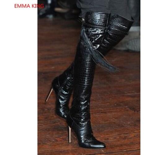 Tassel Fashion Over The Knee Boots Pointed Toe Black Leather Thin High Heels Shoes Woman 2018 Winter Runway Thigh High Boots