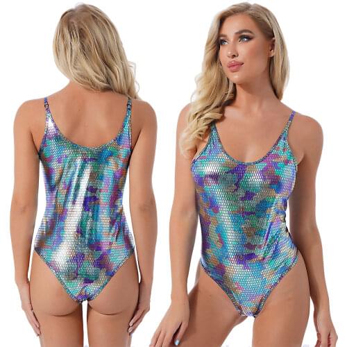 New Summer Bodysuit Women Metallic Shiny Faux Leather Spaghetti Strap Snakeskin Printed Scoop Neck Sleeveless Leotard Swimwear