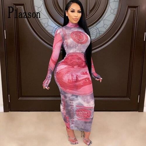 Plazson Summer Autumn Sundress Women Translucent Fashion Dresses Long-sleeve Dollar Print Maxi Pencil Dress Vestido de mujer