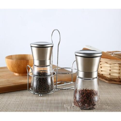1SET Glass Pepper Mill Kitchen Supplies Stainless Steel Seasoning Bottles with Shelves Salt Pepper Grinder Pepper Mills JO 1079