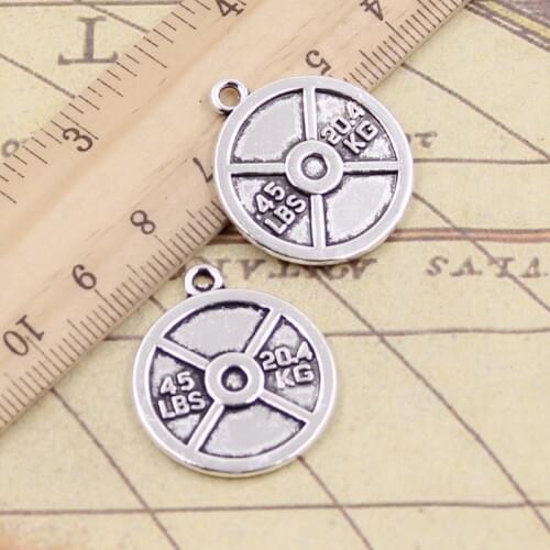 10pcs Charms Barbell Disc Weight 45lbs 20.4kg 24x28mm Tibetan Bronze Silver Color Pendants Antique Making DIY Handmade Craft