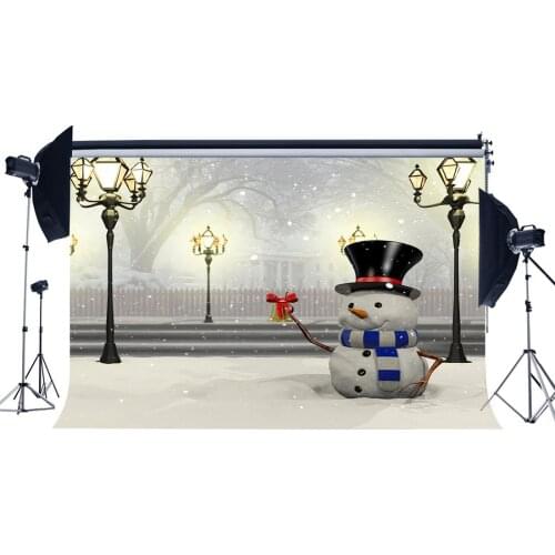 Photography Backdrop Merry Christmas Snowman Rustic Forest Snow Covered Landscape Traffic Lights Background