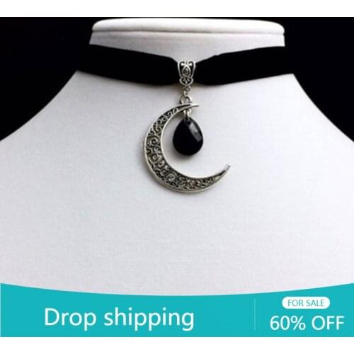 Goth Crescent Hollow Out Moon Choker Necklace Black Velvet with Statement Gorgeous Jewelry Charm Witchy Gift Fashion Pendant New