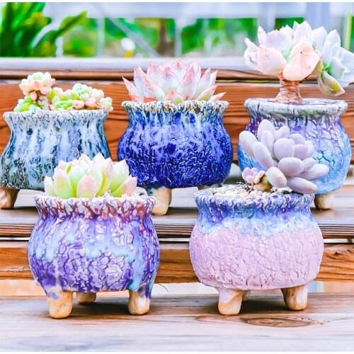 Creative Ceramic Flowerpot Coarse Poterry Floral Pattern Fleshy Plant Pot Breathable Vase Office Desktop Ornaments Garden Decor