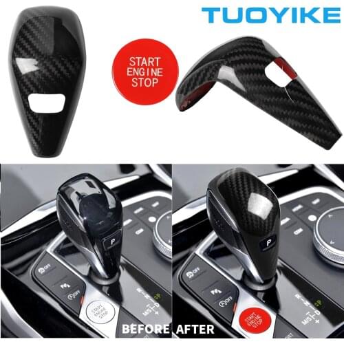 Car Real Carbon Fiber Console Gear Shift Cover With Red Start Stop Engine Switch Button Replacement For BMW 1/2/3 G20 F40 F46