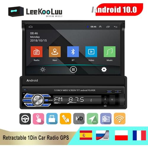 LeeKooLuu 1din Car Radio Android 10.1 GPS Navigation 7" HD Retractable Screen MP5 Player Bluetooth Stereo Mirror Link Autoradio