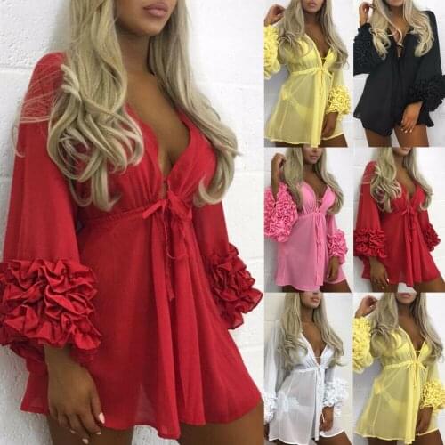 Summer SEXY Women Beach Ruffles Bikini Cover Up Short Swimwear Mini Dress Sexy See-through Bathing Suit Cover-Ups Beachwear
