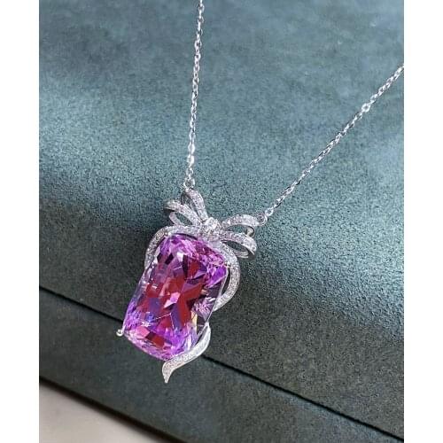 LR Fine Jewelry Real Pure 18K White Gold Jewelry 100% Natural Kunzite 16ct Gemstone Diamonds Pendant Neckalces for Women