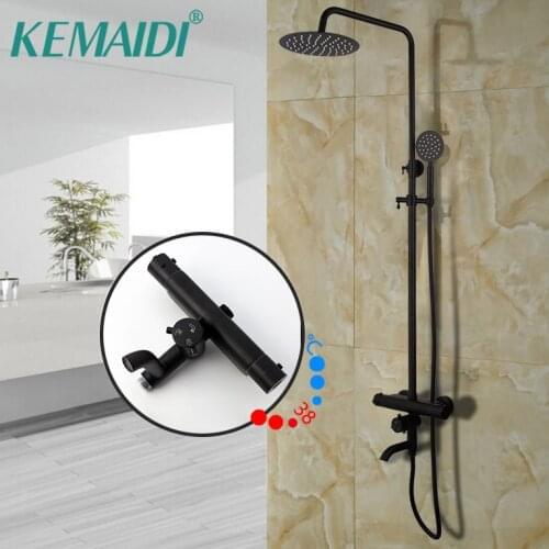 KEMAIDI Matte Black Bathroom Shower Faucets Set Wall Mount Rainfall Head Hand Shower Thermostatic Temperature Shower Mixer Set