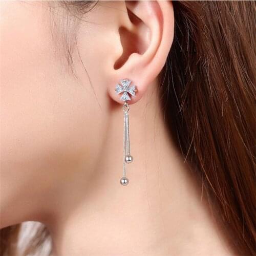 Fashion Crystal Clover Drop Earrings Female Jewelry Top Quality Silver 925 Girl Tassel Earring Long Accessories Lady Birthday