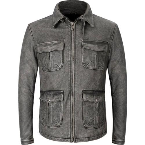 Motorcycle Genuine Mens Jackets Vintage Cowhide M65 Army Style Jacket Multiple Pockets Short Real Leather Coat S-4XL