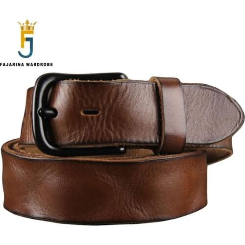 FAJARINA Top Quality Mens Retro 3.8cm Width Belt Fashion Genuine Leather Men Black Clasp Buckle Belts for Men Styles N17FJ096