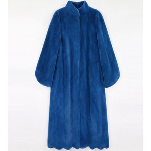 New Winter Long Blue Warm Fluffy Faux Fur Coat Women Scallop Hem A Line Plus Size Black Korean Fashion Outerwear 4XL s1091