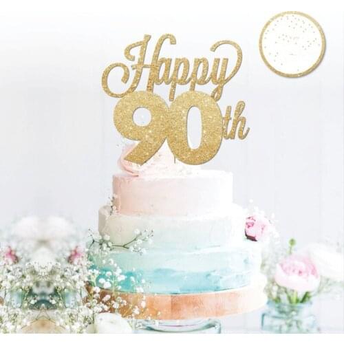 Personalised Happy 90th glitter cake topper, anniversary, birthday, gold cake topper,custom 16, 21, 30, 40 any number colour