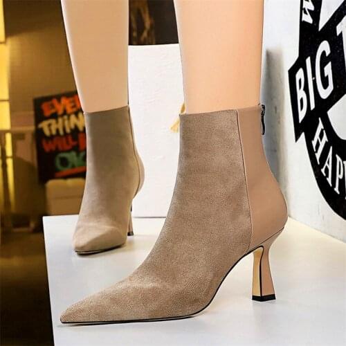 Sexy Suede PU Leather Stitching Women Boots 7cm High Heels Zipper Shoes Woman Short Boots Pointed Toe Female Office Boots Winter