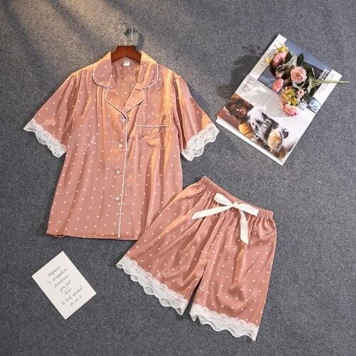 Summer New Polka Dot Print Pajamas Womens Satin Chiffon Soft Touch Sexy Lace Short-sleeved Shorts Suit Sleepwear