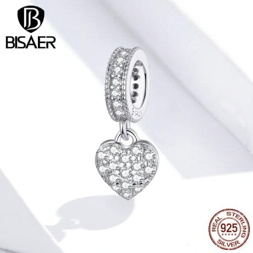 Love Heart Pave Pendant BISAER 925 Sterling Silver clear Cubic Zircon Heart Charms for Jewelry Making Silver 925 Jewelry EFC211