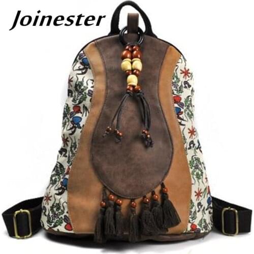 Girls' Ethnic Trend Floral Print PU Casual Backpack with Wooden Beading and Tassels College Style Vintage Schoolbag Travel Bag