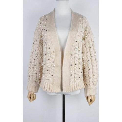 Luxury Pearl Handmade Beading Thick Cardigan Women 2020 Autumn Winter Fashion V-neck Twist knitting Sweater Mujer