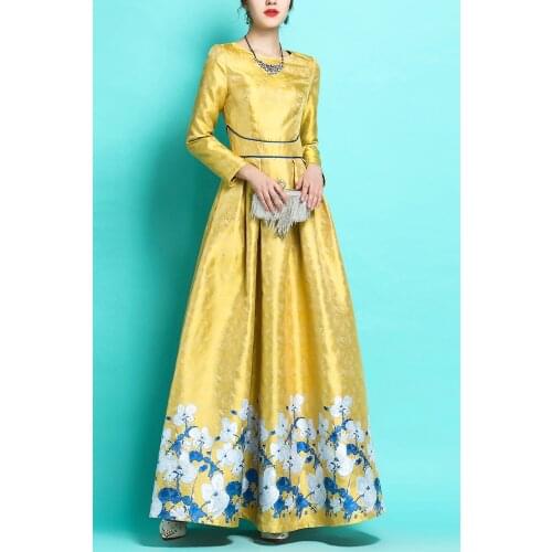 Jacquard Spring Summer Luxury Printed Long Dress Yellow Ankle-Length Evening Formal Dress Women Party Night Maxi Long Dresses