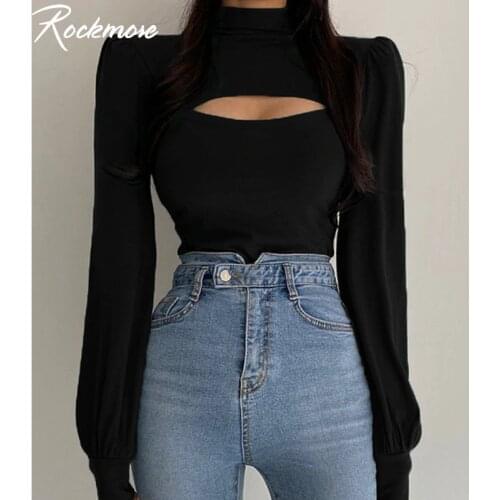 Rockmore Solid Hollow Out Women T-Shirt Bodycon Long Sleeve Basic Harajuku Gothic Tops Tee Aesthetic Korean Fashion TShirt 2021