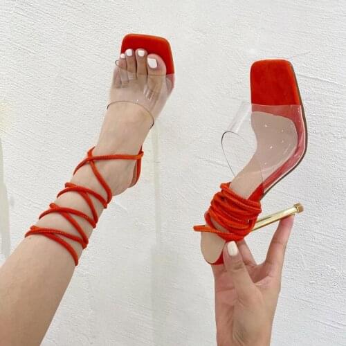 Red Shoes Sexy Cross Strappy Ankle Transparent High Heel Sandals Plus Size 42 Black Sandals Women Summer Square Toe Sandals