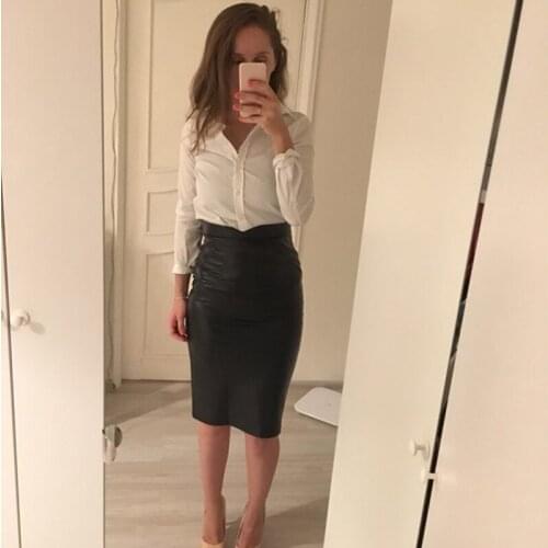 Women Leather Skirts 2020 Spring Autumn High Waist Stretchy Skinny Pencil Skirt Knee Length Slim Party Pencil Skirts