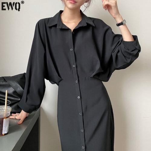 [EWQ] 2021 Spring Elegante Office Lady Turn Down Collar Solid Color Single Breasted Over Knee Lace Up Loose Blouse Dress 8Y092