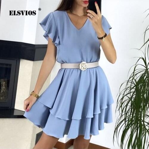 Summer 2021 Elegant Dresses V-neck Vintage Lotus Sleeve Splicing A-line Dress Women Casual Fashion Solid Party Dresses Vestidos