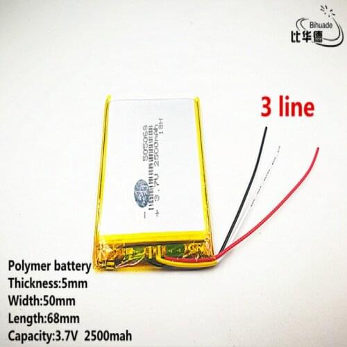 10pcs/lot 3 line Good Qulity 3.7V,2500mAH,505068 Polymer lithium ion / Li-ion battery for TOY,POWER BANK,GPS,mp3,mp4