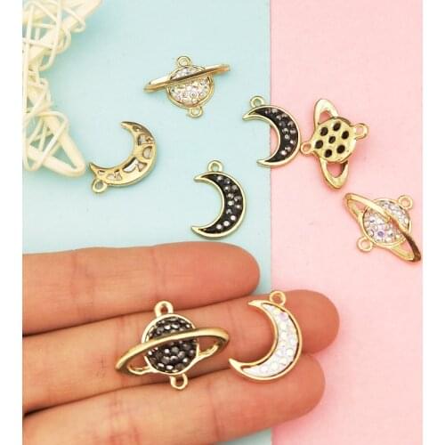 10pcs Rhinestone Moon Planet Enamel Metal Charms Connectors Making Bracelet Necklace Earring Floating For Jewelry DIY Accessory