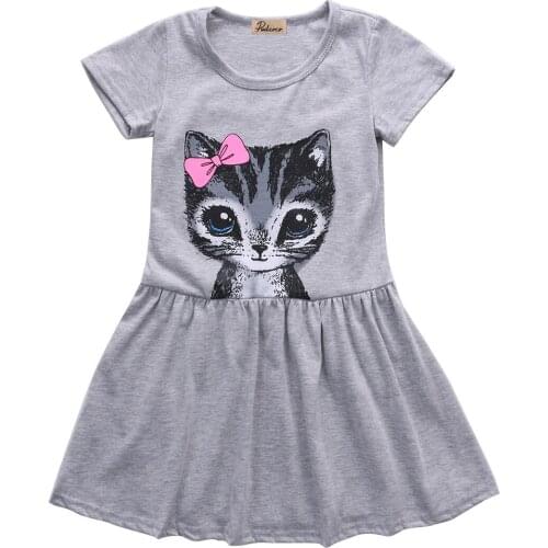2016 Pink/Grey Baby Kids Girls Cute Cat Kitten Summer Short Sleeve Toddler Princess Dress Party Tulle Tutu Dress 1-8Y