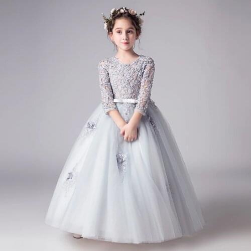 Flower Girl Dresses Embroidery Pearls Three Quarter Princess O-Neck Ball Gown Luxury Gray Appliques Tulle Kids Party Skirt H060