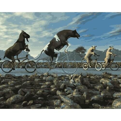 MaHuaf-j389 Funny Cows Cycling DIY oil paintings by numbers on canvas wall art animal picture for bedroom decoration