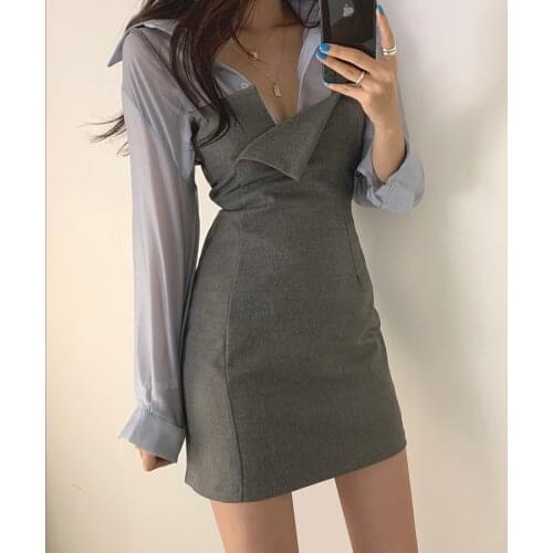 VICONE 2PCS dresse and polo shirt irregular condole flanging package hip skirt outfit