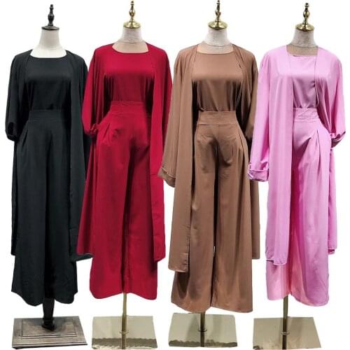 Muslim Women Set Dress Kimono Open Cardigan + Tops + Wide Leg Pants Dubai Islamic Clothing Arab Sets 2019 Autumn Fashion Ramadan